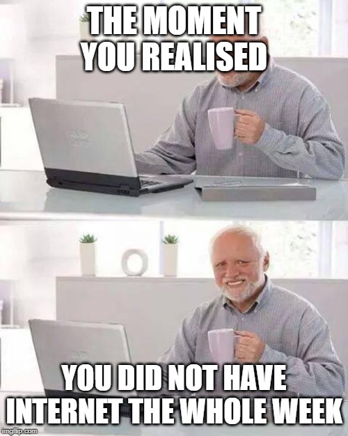 Hide the Pain Harold Meme | THE MOMENT YOU REALISED; YOU DID NOT HAVE INTERNET THE WHOLE WEEK | image tagged in memes,hide the pain harold | made w/ Imgflip meme maker