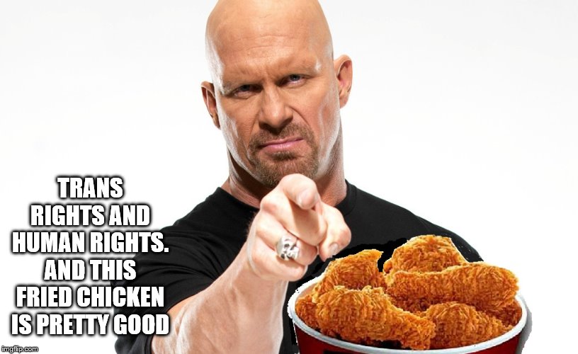 Fried Chicken | TRANS RIGHTS AND HUMAN RIGHTS. AND THIS FRIED CHICKEN IS PRETTY GOOD | image tagged in fried chicken | made w/ Imgflip meme maker