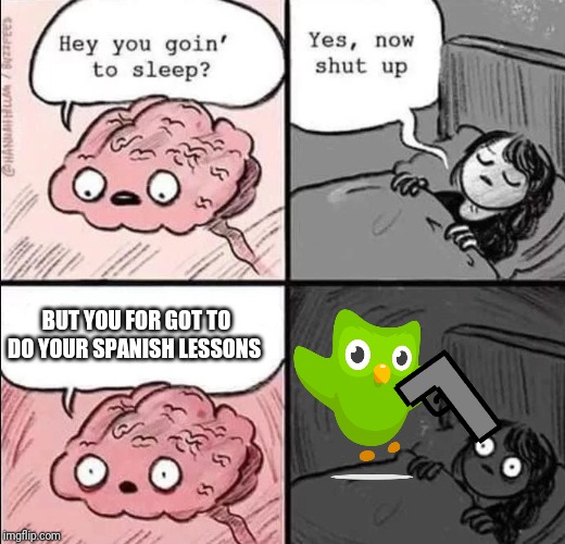 waking up brain | BUT YOU FOR GOT TO DO YOUR SPANISH LESSONS | image tagged in waking up brain | made w/ Imgflip meme maker