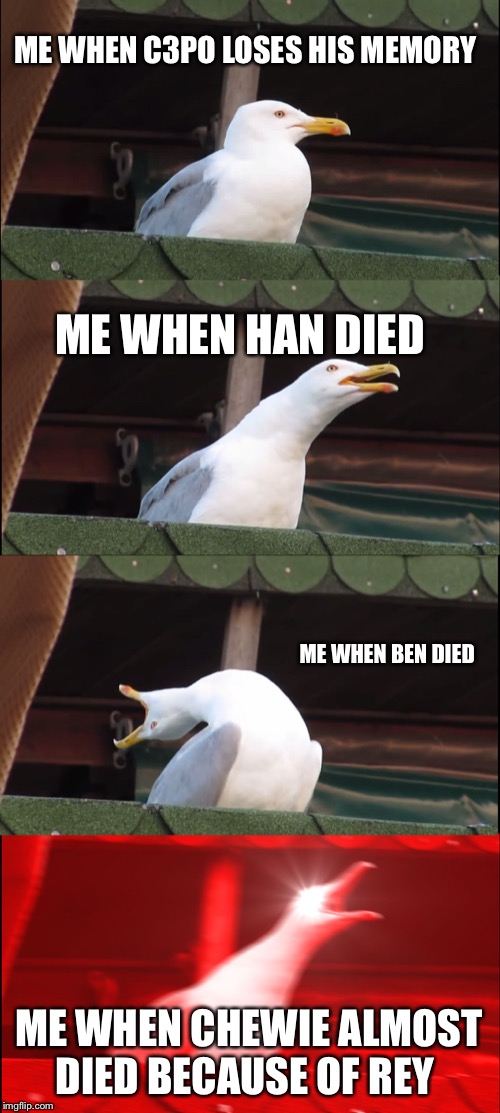 Inhaling Seagull Meme | ME WHEN C3PO LOSES HIS MEMORY; ME WHEN HAN DIED; ME WHEN BEN DIED; ME WHEN CHEWIE ALMOST DIED BECAUSE OF REY | image tagged in memes,inhaling seagull | made w/ Imgflip meme maker