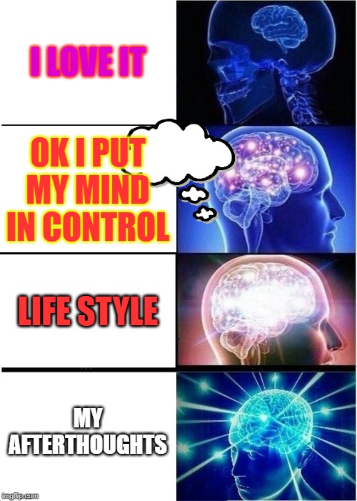 Expanding Brain Meme | I LOVE IT; OK I PUT MY MIND IN CONTROL; LIFE STYLE; MY AFTERTHOUGHTS | image tagged in memes,expanding brain | made w/ Imgflip meme maker