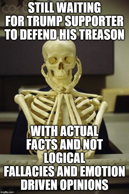 Waiting Skeleton | STILL WAITING FOR TRUMP SUPPORTER TO DEFEND HIS TREASON; WITH ACTUAL FACTS AND NOT LOGICAL FALLACIES AND EMOTION DRIVEN OPINIONS | image tagged in waiting skeleton | made w/ Imgflip meme maker