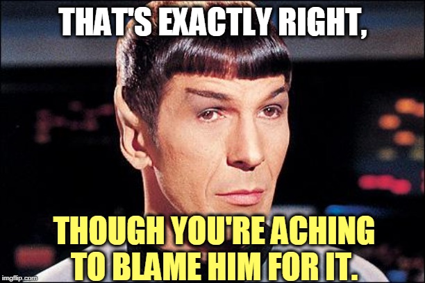 Condescending Spock | THAT'S EXACTLY RIGHT, THOUGH YOU'RE ACHING TO BLAME HIM FOR IT. | image tagged in condescending spock | made w/ Imgflip meme maker