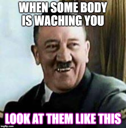 laughing hitler | WHEN SOME BODY IS WACHING YOU; LOOK AT THEM LIKE THIS | image tagged in laughing hitler | made w/ Imgflip meme maker