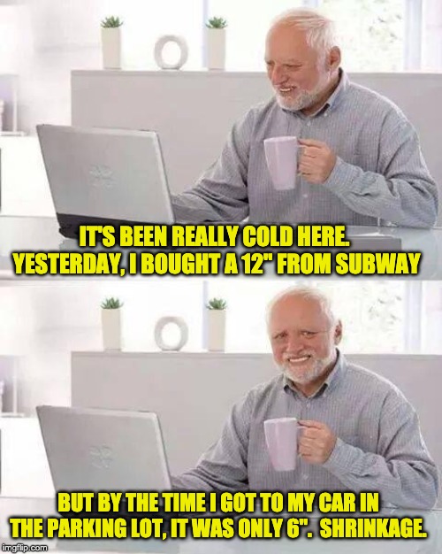 Hide the Pain Harold Meme | IT'S BEEN REALLY COLD HERE.  YESTERDAY, I BOUGHT A 12" FROM SUBWAY; BUT BY THE TIME I GOT TO MY CAR IN THE PARKING LOT, IT WAS ONLY 6".  SHRINKAGE. | image tagged in memes,hide the pain harold | made w/ Imgflip meme maker