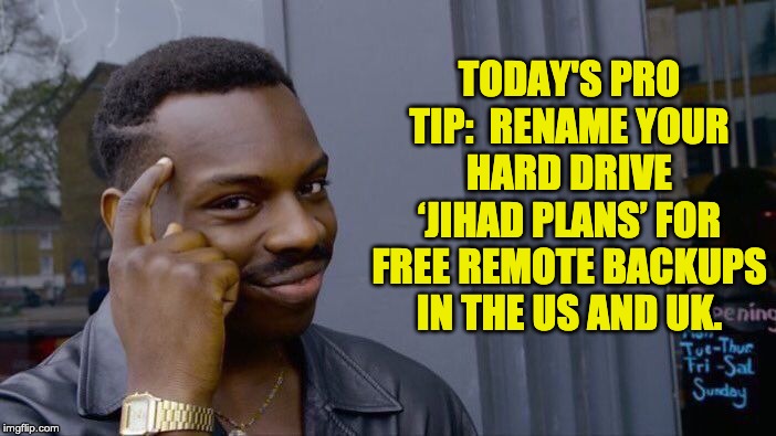 Roll Safe Think About It Meme | TODAY'S PRO TIP:  RENAME YOUR HARD DRIVE ‘JIHAD PLANS’ FOR FREE REMOTE BACKUPS IN THE US AND UK. | image tagged in memes,roll safe think about it | made w/ Imgflip meme maker