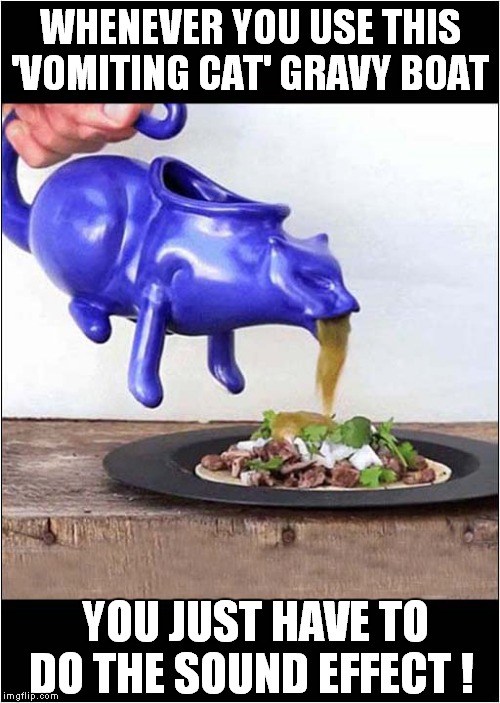 Novelty Gravy Boat | WHENEVER YOU USE THIS 'VOMITING CAT' GRAVY BOAT; YOU JUST HAVE TO DO THE SOUND EFFECT ! | image tagged in fun,gravy,cats | made w/ Imgflip meme maker
