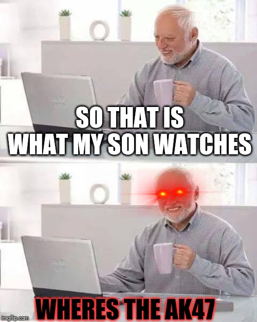 Hide the Pain Harold | SO THAT IS WHAT MY SON WATCHES; WHERES THE AK47 | image tagged in memes,hide the pain harold | made w/ Imgflip meme maker