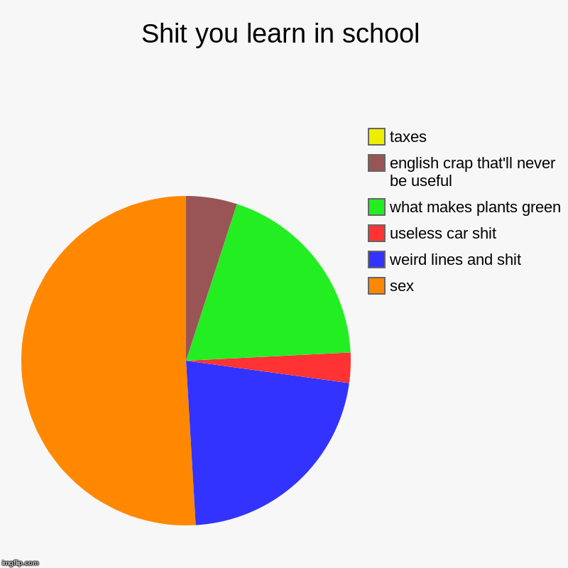 Shit you learn in school | sex, weird lines and shit, useless car shit, what makes plants green, english crap that'll never be useful, taxes | image tagged in charts,pie charts | made w/ Imgflip chart maker