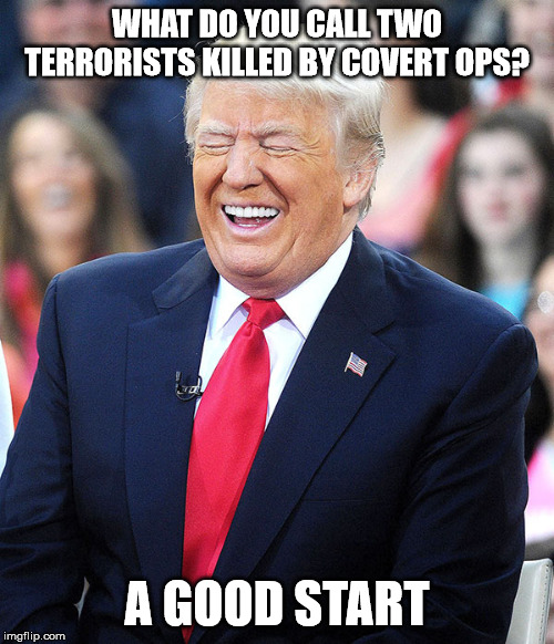 trump laughing | WHAT DO YOU CALL TWO TERRORISTS KILLED BY COVERT OPS? A GOOD START | image tagged in trump laughing,terrorists,president trump,iran | made w/ Imgflip meme maker