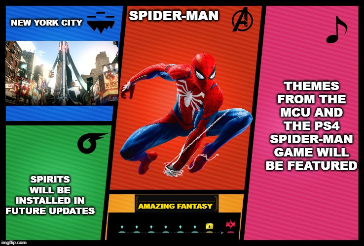 New template! | NEW YORK CITY; SPIDER-MAN; THEMES FROM THE MCU AND THE PS4 SPIDER-MAN GAME WILL BE FEATURED; SPIRITS WILL BE INSTALLED IN FUTURE UPDATES; AMAZING FANTASY | image tagged in smash ultimate dlc fighter profile,super smash bros,dlc,spider-man,marvel,marvel comics | made w/ Imgflip meme maker