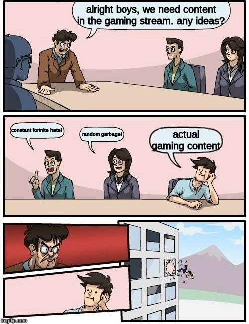 Boardroom Meeting Suggestion | alright boys, we need content in the gaming stream. any ideas? constant fortnite hate! random garbage! actual gaming content | image tagged in memes,boardroom meeting suggestion | made w/ Imgflip meme maker