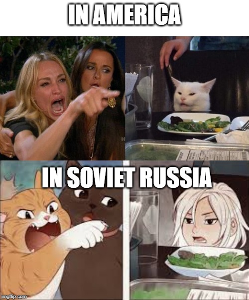 It's reversed | IN AMERICA; IN SOVIET RUSSIA | image tagged in memes,woman yelling at cat,funny,america,in soviet russia,yelling | made w/ Imgflip meme maker