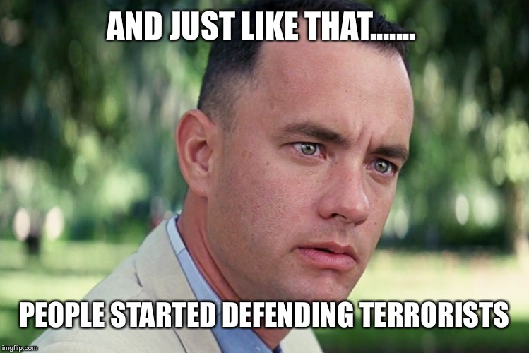 And Just Like That Meme | AND JUST LIKE THAT....... PEOPLE STARTED DEFENDING TERRORISTS | image tagged in memes,and just like that | made w/ Imgflip meme maker