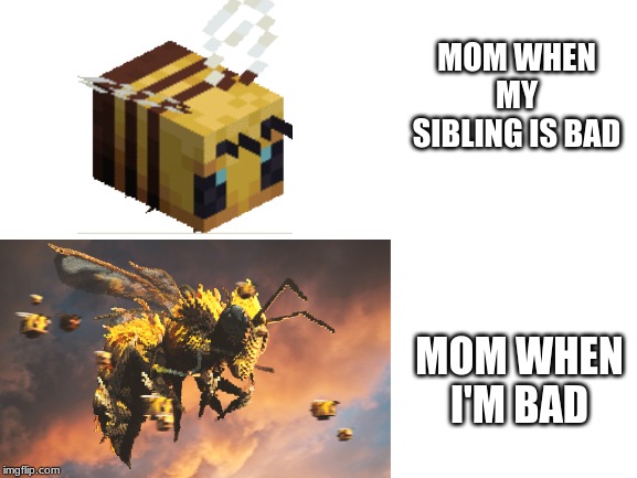 Blank White Template | MOM WHEN MY SIBLING IS BAD; MOM WHEN I'M BAD | image tagged in blank white template | made w/ Imgflip meme maker