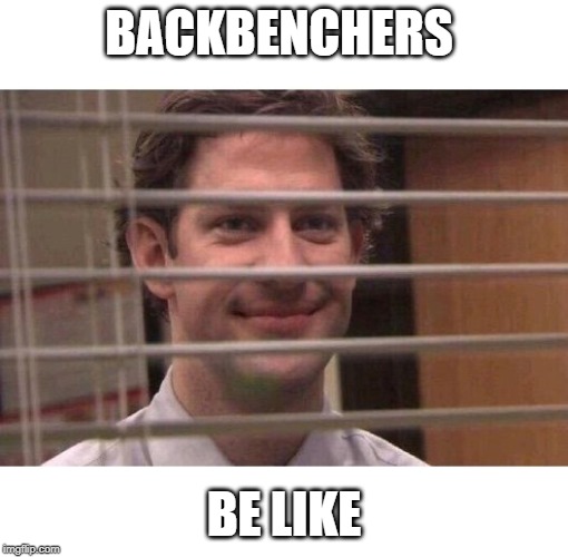Jim Office Blinds | BACKBENCHERS; BE LIKE | image tagged in jim office blinds | made w/ Imgflip meme maker