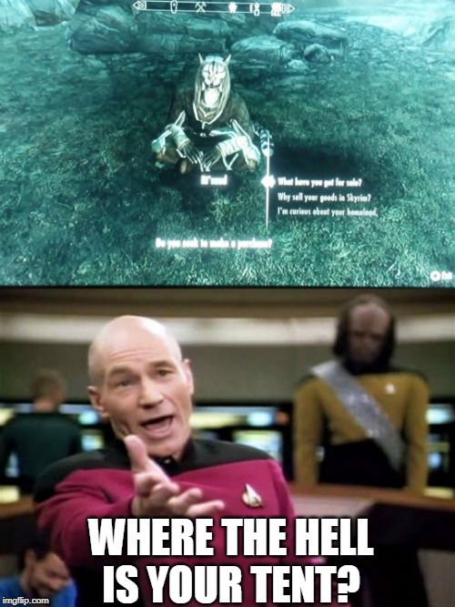 HE WAS JUST SITTING THERE WITH NO TENT | WHERE THE HELL IS YOUR TENT? | image tagged in memes,picard wtf,skyrim,skyrim meme | made w/ Imgflip meme maker