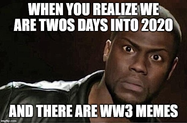 Kevin Hart Meme | WHEN YOU REALIZE WE ARE TWOS DAYS INTO 202O; AND THERE ARE WW3 MEMES | image tagged in memes,kevin hart | made w/ Imgflip meme maker