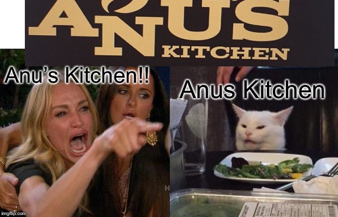 Woman Yelling At Cat Meme | Anu’s Kitchen!! Anus Kitchen | image tagged in memes,woman yelling at cat | made w/ Imgflip meme maker