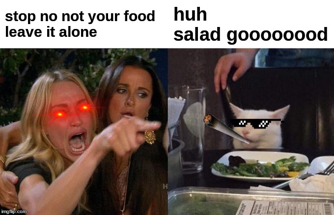 Woman Yelling At Cat Meme | stop no not your food
leave it alone; huh

salad goooooood | image tagged in memes,woman yelling at cat,huh | made w/ Imgflip meme maker