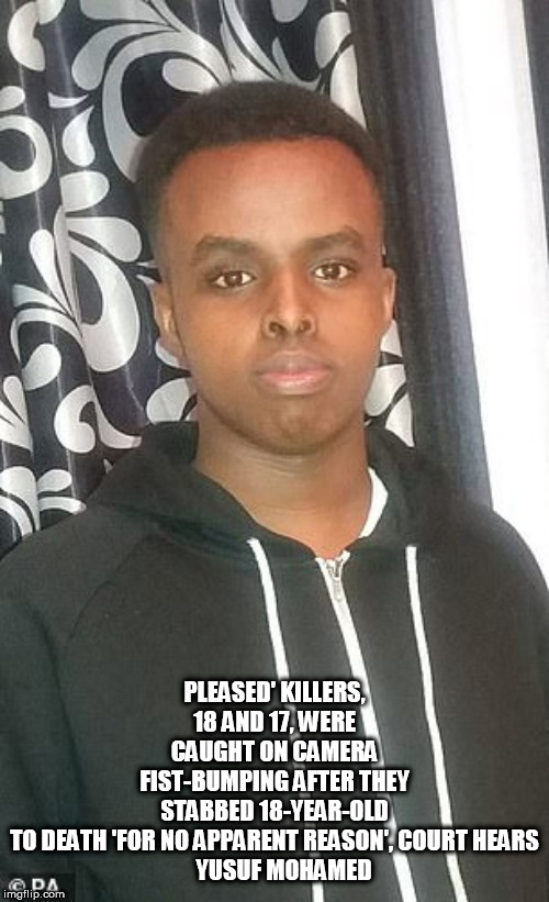 muz | PLEASED' KILLERS, 18 AND 17, WERE CAUGHT ON CAMERA FIST-BUMPING AFTER THEY STABBED 18-YEAR-OLD TO DEATH 'FOR NO APPARENT REASON', COURT HEARS

    YUSUF MOHAMED | image tagged in muz | made w/ Imgflip meme maker