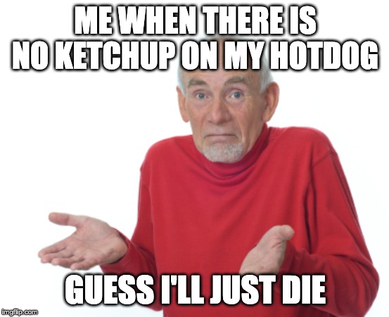Guess I'll die  | ME WHEN THERE IS NO KETCHUP ON MY HOTDOG; GUESS I'LL JUST DIE | image tagged in guess i'll die | made w/ Imgflip meme maker