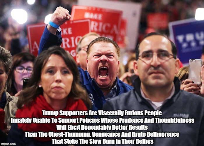 Trump Supporters' Visceral Reactivity | Trump Supporters Are Viscerally Furious People 
Innately Unable To Support Policies Whose Prudence And Thoughtfulness
Will Elicit Dependably | image tagged in trump supporters,trump cultists,donald trump is a cult leader,trump stokes rage,trump stokes hostility,trump incites violence | made w/ Imgflip meme maker