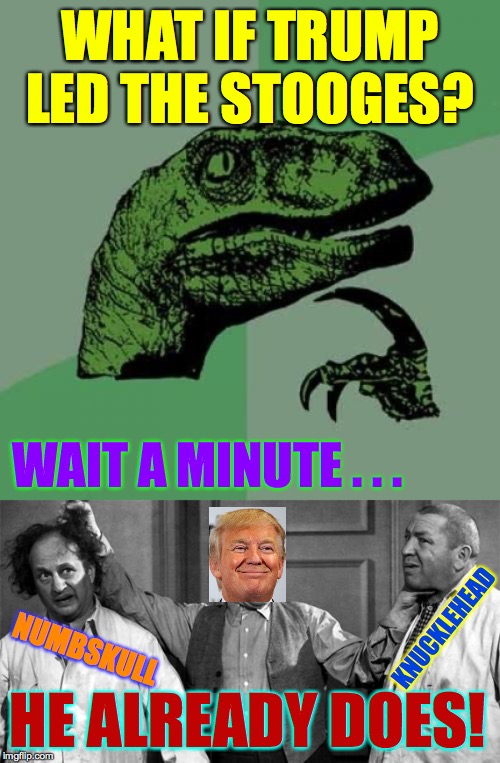 Only knuckleheads support Trump.  Well, knuckleheads and numbskulls  ( : | WHAT IF TRUMP LED THE STOOGES? WAIT A MINUTE . . . KNUCKLEHEAD; NUMBSKULL; HE ALREADY DOES! | image tagged in memes,philosoraptor,three stooges,trumpies,knuckleheaded numbskulls,trump | made w/ Imgflip meme maker