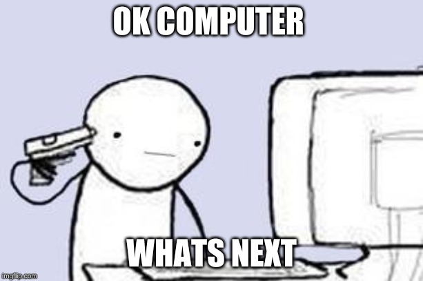 Computer Suicide |  OK COMPUTER; WHATS NEXT | image tagged in computer suicide | made w/ Imgflip meme maker