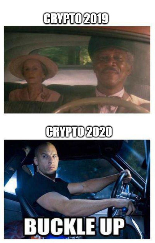 buckle up | CRYPTO 2019; CRYPTO 2020 | image tagged in buckle up | made w/ Imgflip meme maker