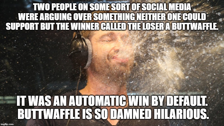 laugh spit | TWO PEOPLE ON SOME SORT OF SOCIAL MEDIA WERE ARGUING OVER SOMETHING NEITHER ONE COULD SUPPORT BUT THE WINNER CALLED THE LOSER A BUTTWAFFLE. IT WAS AN AUTOMATIC WIN BY DEFAULT.  BUTTWAFFLE IS SO DAMNED HILARIOUS. | image tagged in laugh spit | made w/ Imgflip meme maker