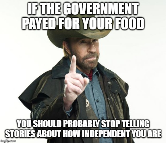 Chuck Norris Finger |  IF THE GOVERNMENT PAYED FOR YOUR FOOD; YOU SHOULD PROBABLY STOP TELLING STORIES ABOUT HOW INDEPENDENT YOU ARE | image tagged in memes,chuck norris finger,chuck norris | made w/ Imgflip meme maker