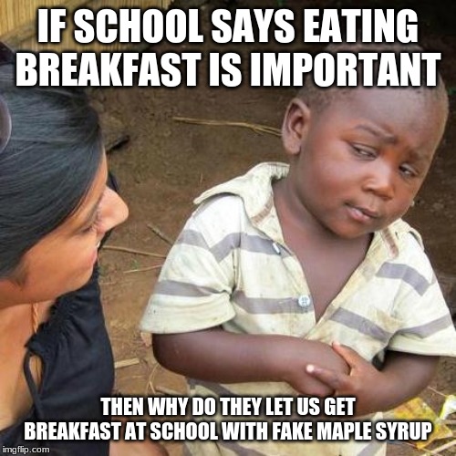 Third World Skeptical Kid Meme | IF SCHOOL SAYS EATING BREAKFAST IS IMPORTANT; THEN WHY DO THEY LET US GET BREAKFAST AT SCHOOL WITH FAKE MAPLE SYRUP | image tagged in memes,third world skeptical kid | made w/ Imgflip meme maker