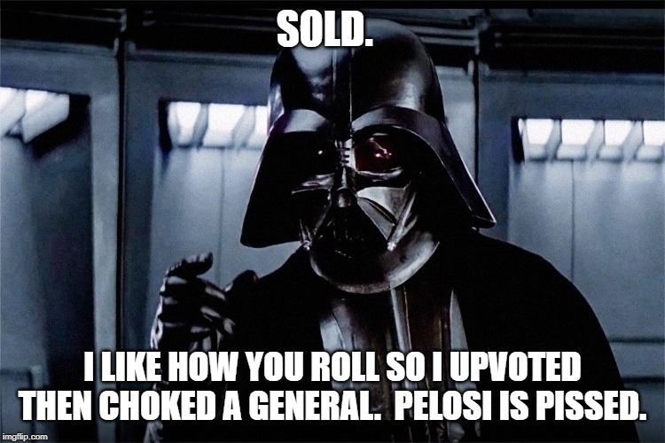 Darth Vader Real Estate | SOLD. I LIKE HOW YOU ROLL SO I UPVOTED THEN CHOKED A GENERAL.  PELOSI IS PISSED. | image tagged in darth vader real estate | made w/ Imgflip meme maker