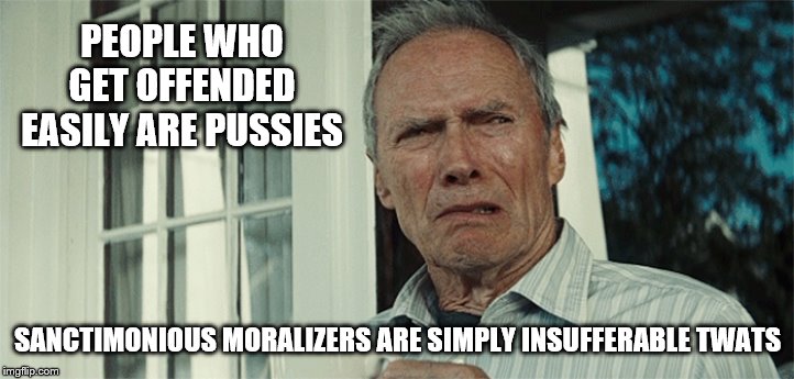 Clint Eastwood WTF | PEOPLE WHO GET OFFENDED EASILY ARE PUSSIES SANCTIMONIOUS MORALIZERS ARE SIMPLY INSUFFERABLE TWATS | image tagged in clint eastwood wtf | made w/ Imgflip meme maker