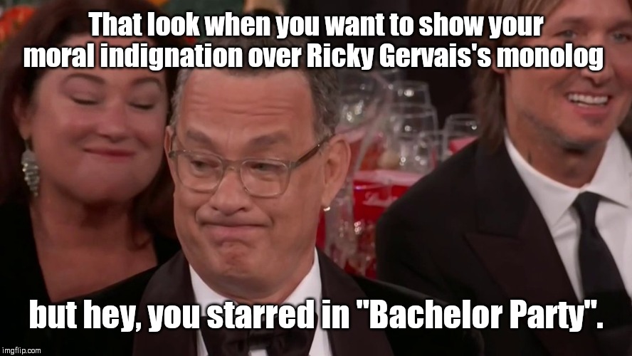 That look | That look when you want to show your moral indignation over Ricky Gervais's monolog; but hey, you starred in "Bachelor Party". | image tagged in tom hanks face,ricky gervais,golden globes,tom hanks,moral indignation,hollywood hypocrisy | made w/ Imgflip meme maker