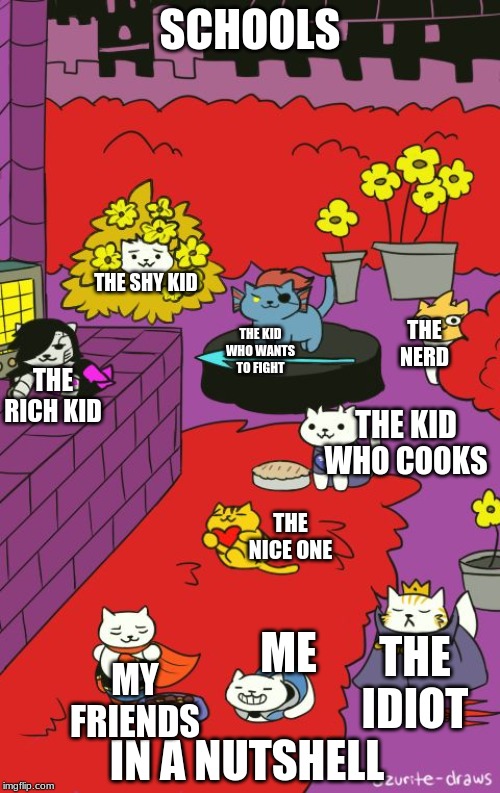 Undertale characters as CATS?! | SCHOOLS; THE SHY KID; THE NERD; THE KID WHO WANTS TO FIGHT; THE RICH KID; THE KID WHO COOKS; THE NICE ONE; ME; THE IDIOT; IN A NUTSHELL; MY FRIENDS | image tagged in undertale characters as cats | made w/ Imgflip meme maker