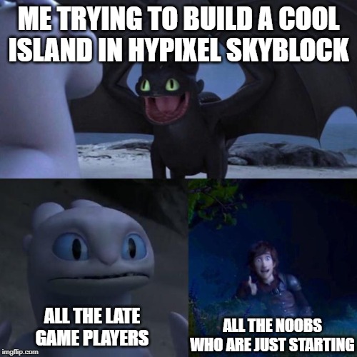 Toothless presents himself | ME TRYING TO BUILD A COOL ISLAND IN HYPIXEL SKYBLOCK; ALL THE LATE GAME PLAYERS; ALL THE NOOBS WHO ARE JUST STARTING | image tagged in toothless presents himself | made w/ Imgflip meme maker