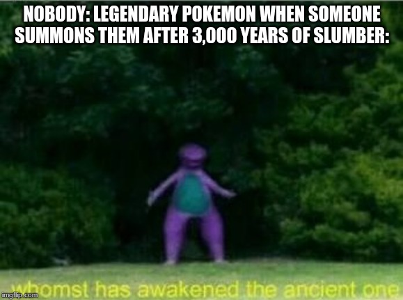 Whomst has awakened the ancient one | NOBODY: LEGENDARY POKEMON WHEN SOMEONE SUMMONS THEM AFTER 3,000 YEARS OF SLUMBER: | image tagged in whomst has awakened the ancient one | made w/ Imgflip meme maker
