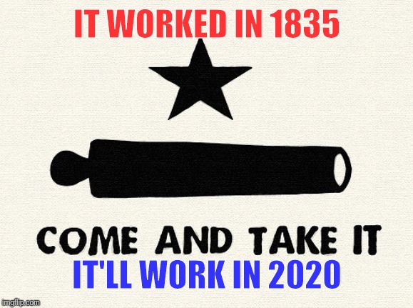 Come And Take It -Alamo | IT WORKED IN 1835; IT'LL WORK IN 2020 | image tagged in come and take it -alamo | made w/ Imgflip meme maker