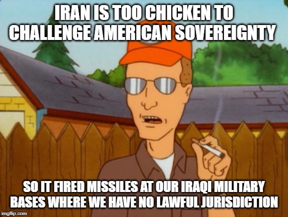Dropout conservative  | IRAN IS TOO CHICKEN TO CHALLENGE AMERICAN SOVEREIGNTY; SO IT FIRED MISSILES AT OUR IRAQI MILITARY BASES WHERE WE HAVE NO LAWFUL JURISDICTION | image tagged in dropout conservative | made w/ Imgflip meme maker