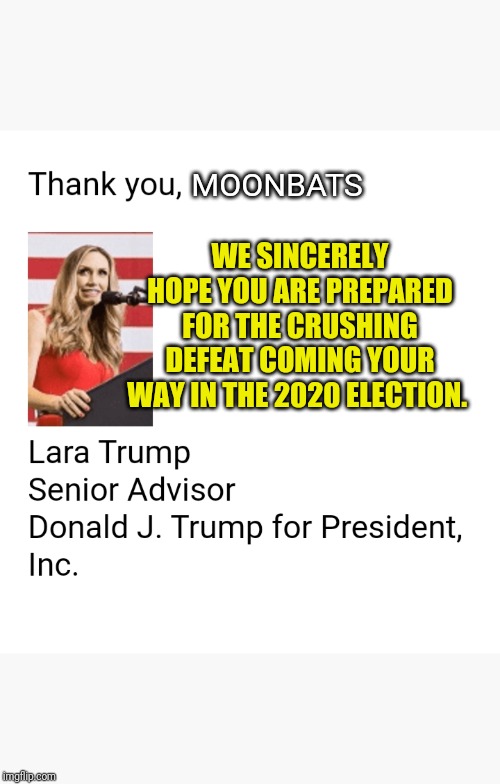 VOTE TRUMP 2020 | MOONBATS; WE SINCERELY HOPE YOU ARE PREPARED FOR THE CRUSHING DEFEAT COMING YOUR WAY IN THE 2020 ELECTION. | image tagged in trump for president | made w/ Imgflip meme maker