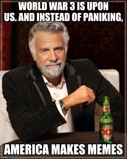 The Most Interesting Man In The World | WORLD WAR 3 IS UPON US. AND INSTEAD OF PANIKING, AMERICA MAKES MEMES | image tagged in memes,the most interesting man in the world | made w/ Imgflip meme maker