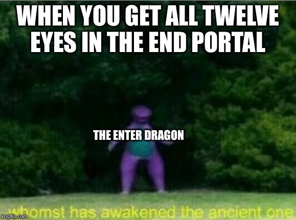 Whomst has awakened the ancient one | WHEN YOU GET ALL TWELVE EYES IN THE END PORTAL; THE ENTER DRAGON | image tagged in whomst has awakened the ancient one | made w/ Imgflip meme maker