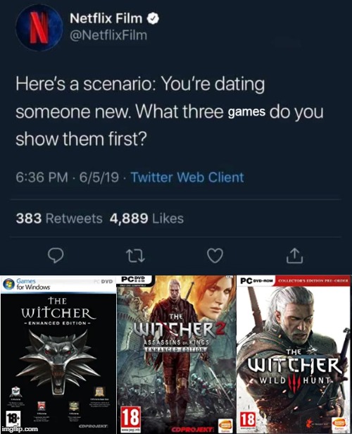 Netflix and The Witcher games | image tagged in the witcher,games,netflix,pc,witcher,meme | made w/ Imgflip meme maker