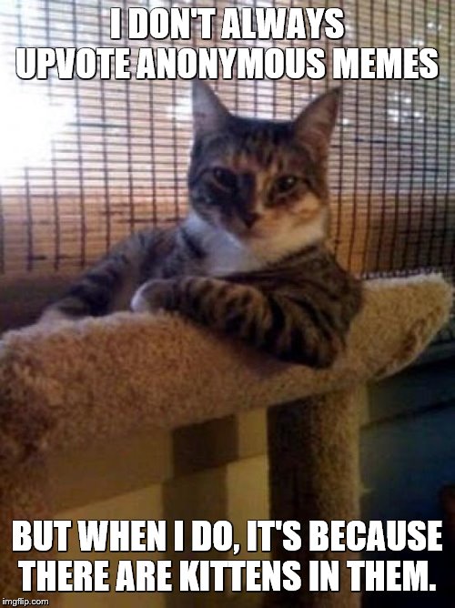 The Most Interesting Cat In The World Meme | I DON'T ALWAYS UPVOTE ANONYMOUS MEMES BUT WHEN I DO, IT'S BECAUSE THERE ARE KITTENS IN THEM. | image tagged in memes,the most interesting cat in the world | made w/ Imgflip meme maker