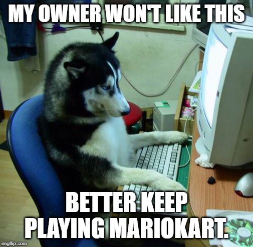 I Have No Idea What I Am Doing | MY OWNER WON'T LIKE THIS; BETTER KEEP PLAYING MARIOKART. | image tagged in memes,i have no idea what i am doing | made w/ Imgflip meme maker