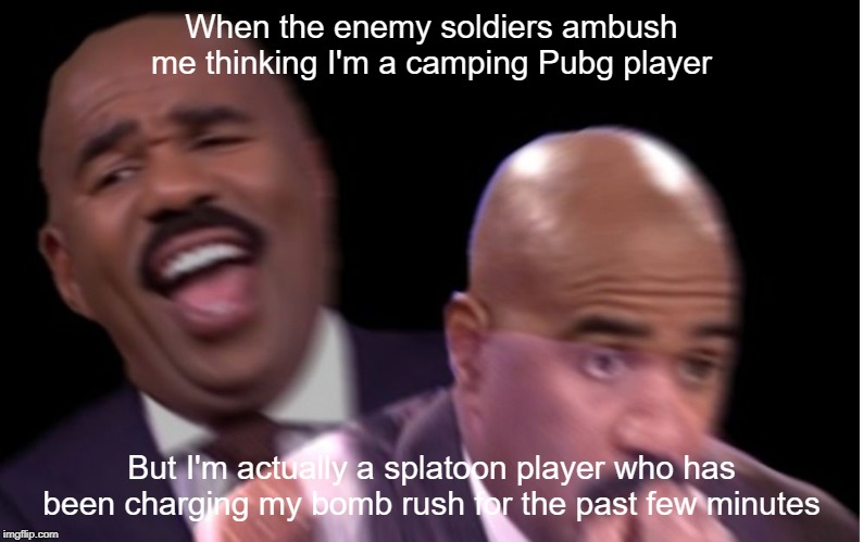 Conflicted Steve Harvey | When the enemy soldiers ambush me thinking I'm a camping Pubg player; But I'm actually a splatoon player who has been charging my bomb rush for the past few minutes | image tagged in conflicted steve harvey | made w/ Imgflip meme maker