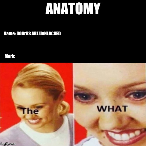 The What | ANATOMY; Game: DOOrRS ARE UnNLOCKED                         
                                                                                         
                                                                                         
                                                                                         
 Mark: | image tagged in the what | made w/ Imgflip meme maker