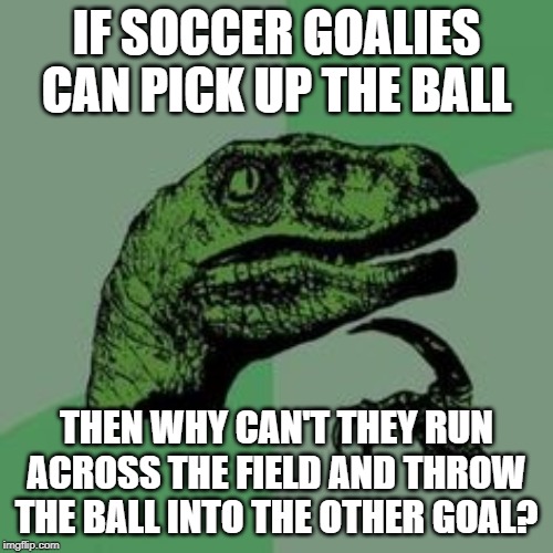 Time raptor  | IF SOCCER GOALIES CAN PICK UP THE BALL; THEN WHY CAN'T THEY RUN ACROSS THE FIELD AND THROW THE BALL INTO THE OTHER GOAL? | image tagged in time raptor | made w/ Imgflip meme maker
